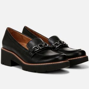 Black Leather Loafers with Chain Detail